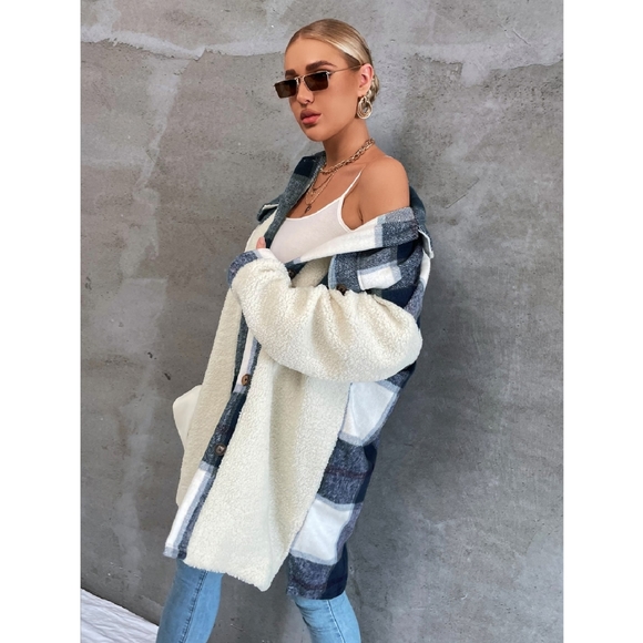 Blue Plaid Teddy Coat S & M - Picture 2 of 5